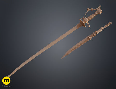 Painted 3D render perspective of Lady Maria Rakuyo Blade Bloodborne showing full length saber blade reach and ornate hilt decorative depth