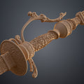 Clay render focused view of Lady Maria Rakuyo dagger hilt and circular guard unpainted showing 3D geometric connection to saber element