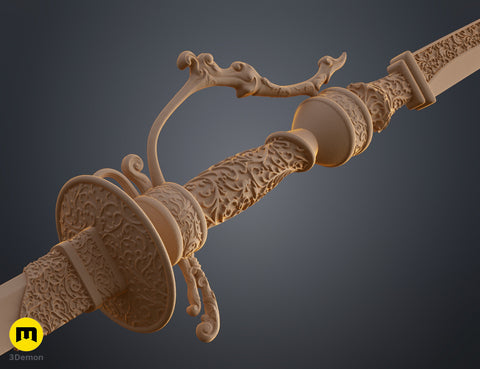 Clay render focused view of Lady Maria Rakuyo dagger hilt and circular guard unpainted showing 3D geometric connection to saber element
