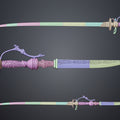 Painted 3D render showing Lady Maria Rakuyo Blade Bloodborne separated into saber and shorter dagger components matching ornate bronze hilts