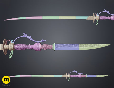Painted 3D render showing Lady Maria Rakuyo Blade Bloodborne separated into saber and shorter dagger components matching ornate bronze hilts