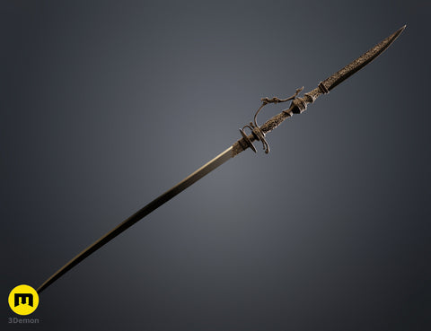 Painted 3D render focused view of Lady Maria Rakuyo shorter dagger component showing curved silver blade and ornate circular guard hilt