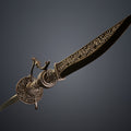 Painted 3D render close-up of Lady Maria Rakuyo Blade Bloodborne hilt showing aged bronze texture and decorative filigree carvings detail