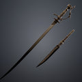 Painted 3D render of Lady Maria Rakuyo Blade Bloodborne showing full length connected weapon dark bronze filigree hilt silver blade diagonal view