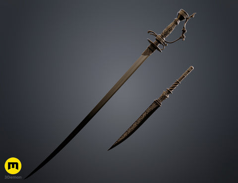 Painted 3D render of Lady Maria Rakuyo Blade Bloodborne showing full length connected weapon dark bronze filigree hilt silver blade diagonal view
