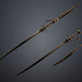 Cover painted 3D render of Lady Maria Rakuyo Blade Bloodborne full connected twin-blade form dark bronze gold ornate handle silver blade dark background