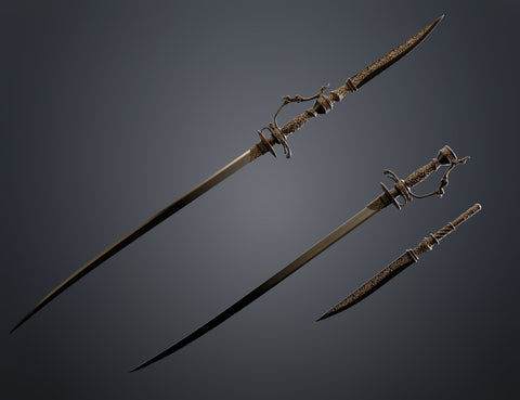 Cover painted 3D render of Lady Maria Rakuyo Blade Bloodborne full connected twin-blade form dark bronze gold ornate handle silver blade dark background