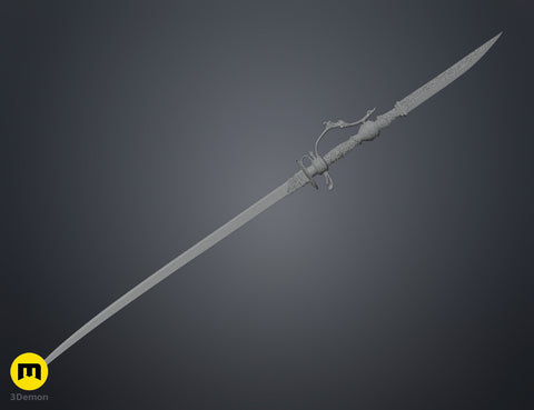 Wireframe mesh render of Lady Maria Rakuyo Blade Bloodborne full weapon showing high-density polygon topology structure of complex 3D model