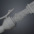 Wireframe mesh close-up of Lady Maria Rakuyo Blade Bloodborne hilt showing extremely high polygon density of filigree and decorative sculptural elements
