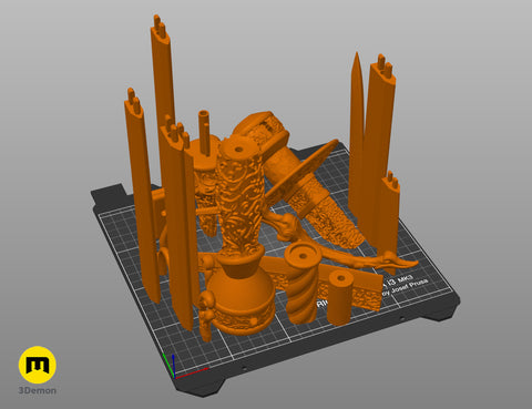 Slicer screenshot of Lady Maria Rakuyo Blade Bloodborne STL segments and hilt pieces arranged on Prusa i3 MK3 virtual print bed
