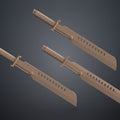 CAD render of Mandalorian Vibrosword STL, dual-bladed 3D print cosplay prop, serrated edges.