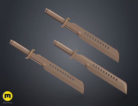 CAD render of Mandalorian Vibrosword STL, dual-bladed 3D print cosplay prop, serrated edges.