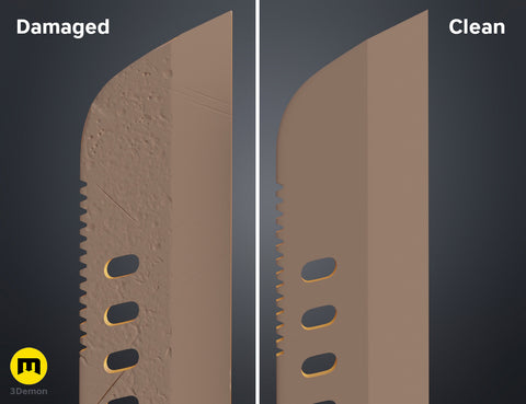 Textured 3D render of Mandalorian Vibrosword, damaged vs clean blade comparison, 3D print cosplay prop