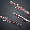 Rendered 3D model of Mandalorian Vibrosword STL, dual-bladed cosplay prop with glowing red emitter, 3D printed weapon.