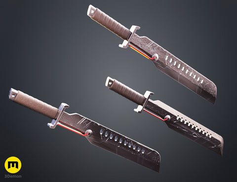 Rendered 3D model of Mandalorian Vibrosword STL, dual-bladed cosplay prop with glowing red emitter, 3D printed weapon.