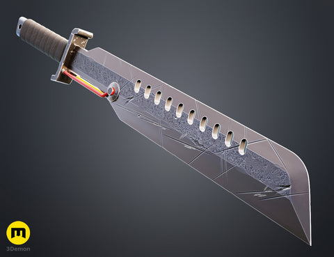3D model render of Mandalorian Vibrosword STL, glowing red blade detail, 3D print cosplay prop