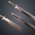 Painted 3D render of Mandalorian Vibrosword STL, dual-bladed cosplay prop with red energy core