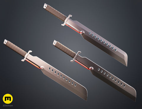 Painted 3D render of Mandalorian Vibrosword STL, dual-bladed cosplay prop with red energy core