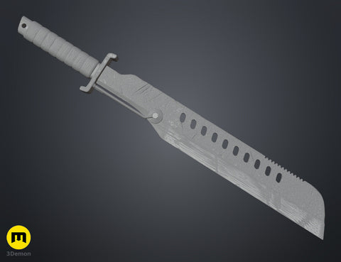 3D visualization of Mandalorian Vibrosword STL, serrated blade with rivet holes, 3D print cosplay prop