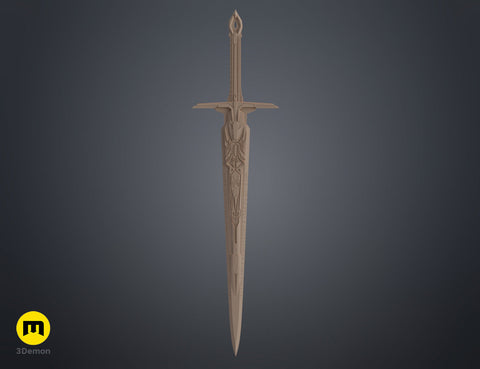 Neutral clay 3D model render of the the mech leader sword showcasing detailed sculpt and surface engravings.