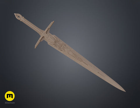 Angled clay render of the the mech leader sword highlighting intricate surface details and carvings.