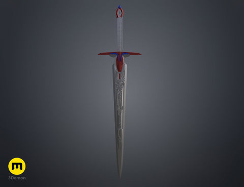 Full-length vertical 3D render of the the mech leader sword with long engraved silver blade and colorful hilt.