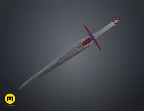 Full 3D render of the the mech leader sword model with silver blade and vibrant red and blue hilt – 3D print.