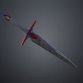 Angled 3D render of the the mech leader sword model with red crossguard and detailed silver engraved blade.
