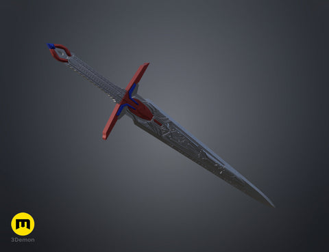 Angled 3D render of the the mech leader sword model with red crossguard and detailed silver engraved blade.