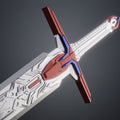 Close-up 3D render of the the mech leader sword hilt and blade with the mech worldian engravings and red accents.