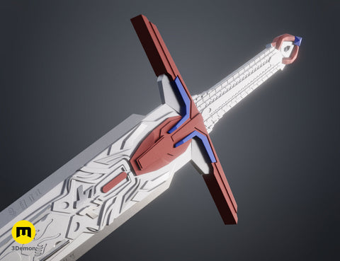 Close-up 3D render of the the mech leader sword hilt and blade with the mech worldian engravings and red accents.