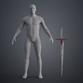 Scale comparison of the 3D printed the mech leader sword next to a human mannequin showing its full prop length.