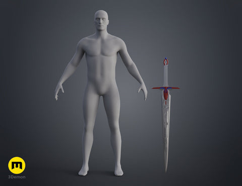 Scale comparison of the 3D printed the mech leader sword next to a human mannequin showing its full prop length.