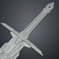 Close-up wireframe mesh render of the the mech leader sword hilt and crossguard STL model geometry.