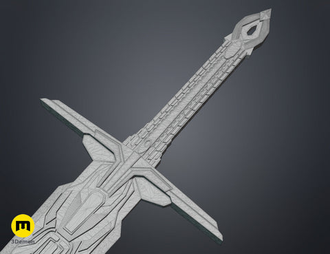 Close-up wireframe mesh render of the the mech leader sword hilt and crossguard STL model geometry.
