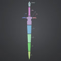 Exploded view of the mech leader sword 3D printable parts – pommel, grip, guard and blade segments laid out.