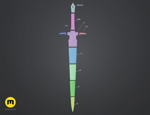 Exploded view of the mech leader sword 3D printable parts – pommel, grip, guard and blade segments laid out.