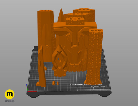 the mech leader sword parts in slicer software arranged on a 3D printer heatbed for printing preparation.