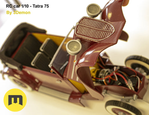 Exploded view of RC model Tatra 75, engine compartment detail, 3D printed car parts.