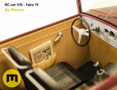 Exploded view of RC model Tatra 75, engine compartment parts breakdown, 3D printed RC car