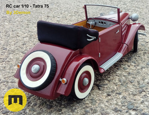3D model render of RC model Tatra 75, red 1/10 scale vintage car, rear view, 3D print.