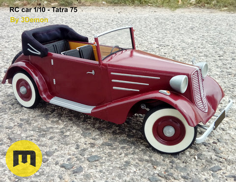 Lifestyle photo of 3D printed RC model Tatra 75, red vintage car, 1/10 scale RC car.