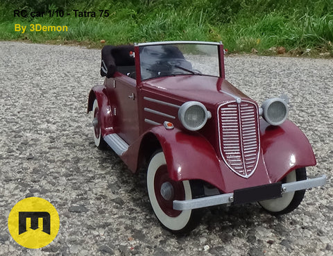 Lifestyle photo of RC model Tatra 75, maroon 3D printed scale car on gravel path