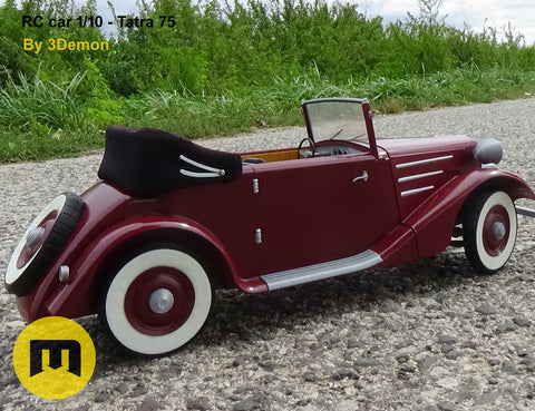 Lifestyle photo of 3D printed RC model Tatra 75, maroon vintage car on gravel path, 1/10 scale