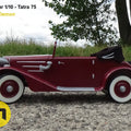 Lifestyle photo of 3D printed RC model Tatra 75, red vintage off-road car, outdoor gravel setting