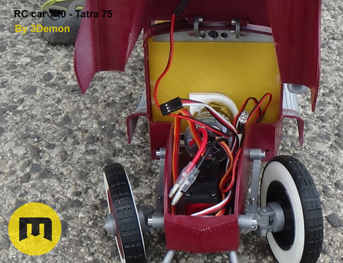 Exploded view of RC model Tatra 75, yellow chassis with red suspension, 3D printed RC car kit