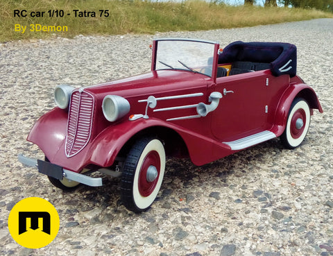 Lifestyle photo of 3D printed RC model Tatra 75, red vintage car on gravel terrain, 3D print