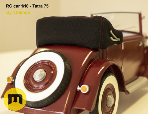3D model render of RC model Tatra 75, vintage red car side view, 3D print preview
