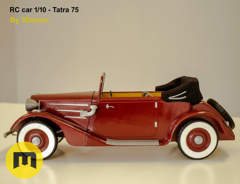 Printable 3D model of RC car Tatra 75, red vintage side view, 3D print collectible