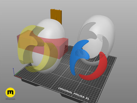 Slicer screenshot of Slay the Spire Merchant Mask STL, multi-colored parts on Original Prusa XL bed